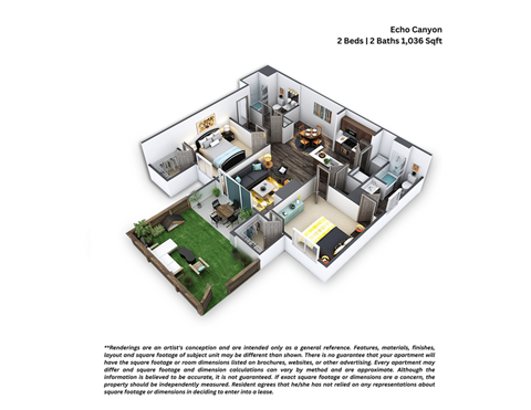 Floor plan for 2 beds, 2 baths, 1036 sqft